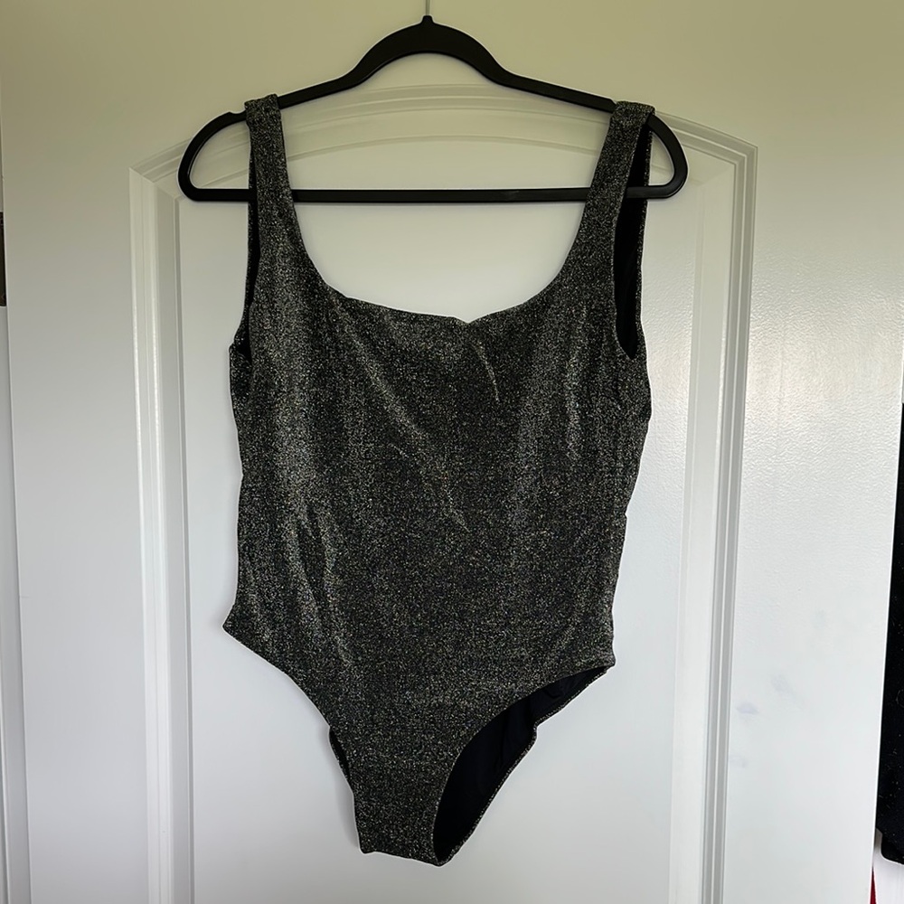 Black Shimmer One Piece Swimsuit with Scoop Neckline